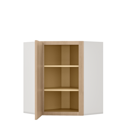 Diagonal Corner Natural Color 17ROS - Redondo White Oak Shaker 1-1/4" Overlay Wall Cabinet 24" Wide by 30", 36" & 42" Tall