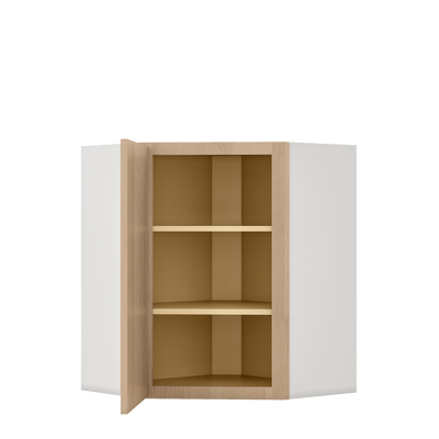 Diagonal Corner Natural Color 17ROS - Redondo White Oak Shaker 1-1/4" Overlay Wall Cabinet 24" Wide by 30", 36" & 42" Tall