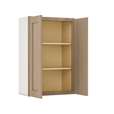 36" Tall Natural Color White Oak Shaker 1-1/4" Overlay Wall Cabinet - Double Door 24", 27", 30", 33" & 36" Wide