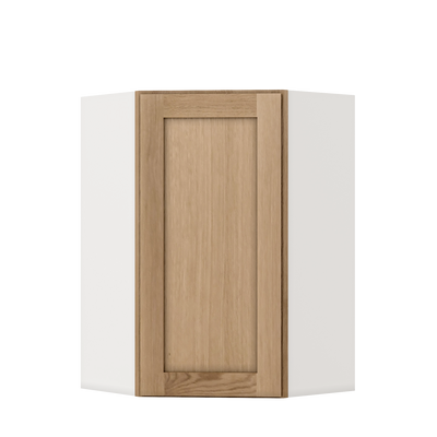 Diagonal Corner Natural Color White Oak Shaker 1-1/4" Overlay Wall Cabinet 24" Wide by 30", 36" & 42" Tall