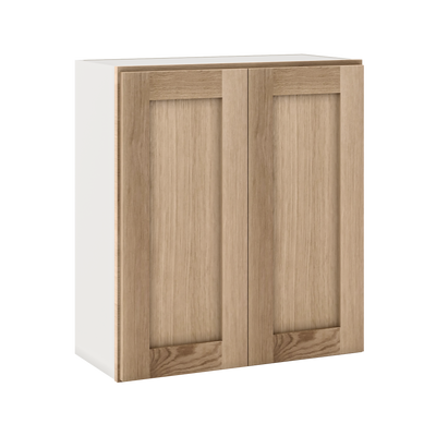 30" Tall Natural Color White Oak Shaker Shaker 1-1/4" Overlay Wall Cabinet - Double Door 24", 27", 30", 33" & 36"