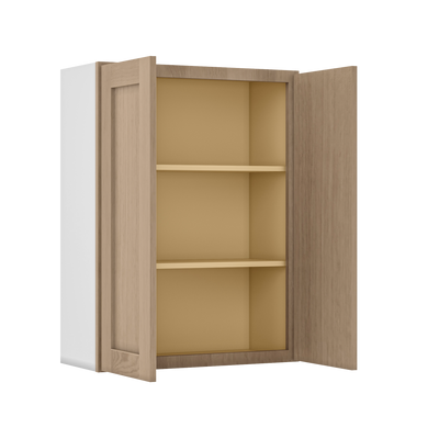 36" Tall Natural Color White Oak Shaker 1-1/4" Overlay Wall Cabinet - Double Door 24", 27", 30", 33" & 36" Wide