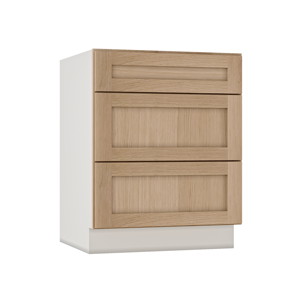 Natural Color 17ROS - Redondo White Oak Shaker 1-1/4" Overlay 3 Drawer Base Cabinet 12", 15", 18", 21", 24", 30", 33" & 36" Wide