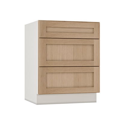 Natural Color 17ROS - Redondo White Oak Shaker 1-1/4" Overlay 3 Drawer Base Cabinet 12", 15", 18", 21", 24", 30", 33" & 36" Wide