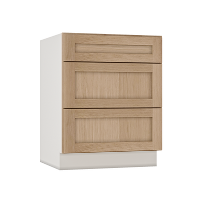 Natural Color White Oak Shaker 1-1/4" Overlay 3 Drawer Base Cabinet 12", 15", 18", 21", 24", 30", 33" & 36" Wide