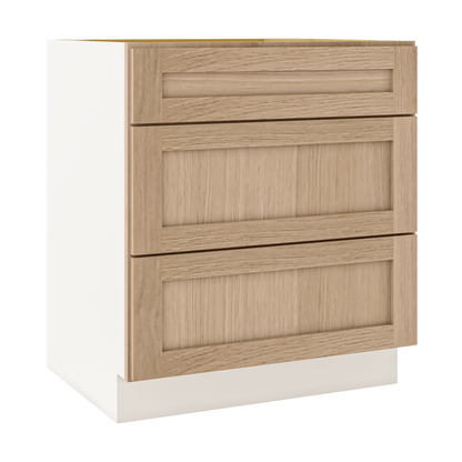Natural Color 17ROS - Redondo White Oak Shaker 1-1/4" Overlay 3 Drawer Base Cabinet 12", 15", 18", 21", 24", 30", 33" & 36" Wide