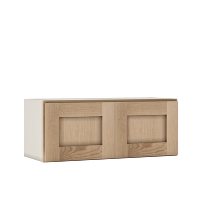 30" Wide Bridge Natural Color White Oak Shaker 1-1/4" Overlay Wall Cabinet - Double Door 12", 15", 18", 21" & 24" Tall