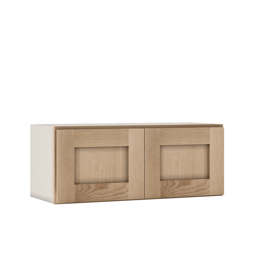 30" Wide Bridge Natural Color White Oak Shaker 1-1/4" Overlay Wall Cabinet - Double Door 12", 15", 18", 21" & 24" Tall