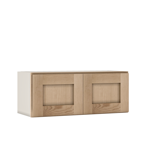 36" Wide Bridge White Oak Overlay Shaker Wall Cabinet - Double Door 12", 15", 18", 21" & 24" Tall