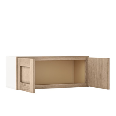 30" Wide Bridge Natural Color White Oak Shaker 1-1/4" Overlay Wall Cabinet - Double Door 12", 15", 18", 21" & 24" Tall