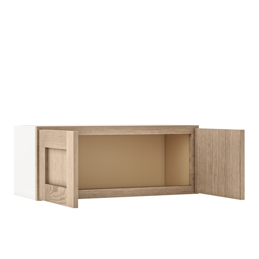30" Wide Bridge Natural Color White Oak Shaker 1-1/4" Overlay Wall Cabinet - Double Door 12", 15", 18", 21" & 24" Tall