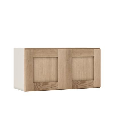 30" Wide Bridge Natural Color White Oak Shaker 1-1/4" Overlay Wall Cabinet - Double Door 12", 15", 18", 21" & 24" Tall