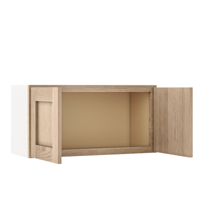 30" Wide Bridge Natural Color 17ROS - Redondo White Oak Shaker 1-1/4" Overlay Wall Cabinet - Double Door 12", 15", 18", 21" & 24" Tall