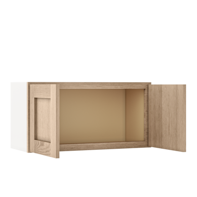 30" Wide Bridge Natural Color White Oak Shaker 1-1/4" Overlay Wall Cabinet - Double Door 12", 15", 18", 21" & 24" Tall