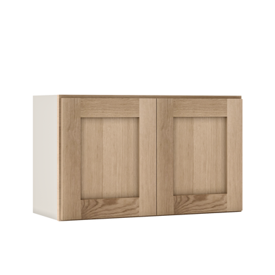 30" Wide Bridge Natural Color White Oak Shaker 1-1/4" Overlay Wall Cabinet - Double Door 12", 15", 18", 21" & 24" Tall