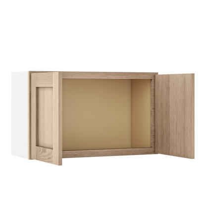 30" Wide Bridge Natural Color 17ROS - Redondo White Oak Shaker 1-1/4" Overlay Wall Cabinet - Double Door 12", 15", 18", 21" & 24" Tall
