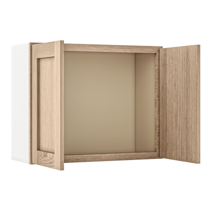 30" Wide Bridge Natural Color 17ROS - Redondo White Oak Shaker 1-1/4" Overlay Wall Cabinet - Double Door 12", 15", 18", 21" & 24" Tall