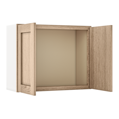 30" Wide Bridge Natural Color White Oak Shaker 1-1/4" Overlay Wall Cabinet - Double Door 12", 15", 18", 21" & 24" Tall