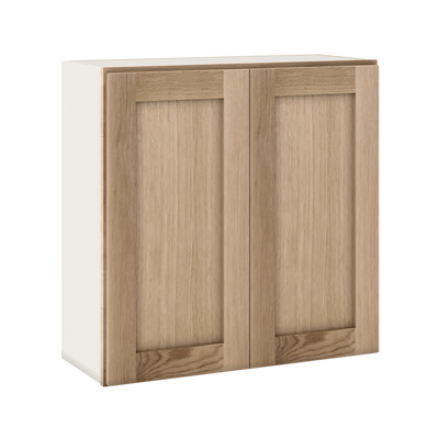 30" Tall Natural Color White Oak Shaker Shaker 1-1/4" Overlay Wall Cabinet - Double Door 24", 27", 30", 33" & 36"