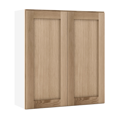 36" Tall Natural Color White Oak Shaker 1-1/4" Overlay Wall Cabinet - Double Door 24", 27", 30", 33" & 36" Wide