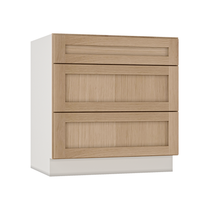 Natural Color 17ROS - Redondo White Oak Shaker 1-1/4" Overlay 3 Drawer Base Cabinet 12", 15", 18", 21", 24", 30", 33" & 36" Wide