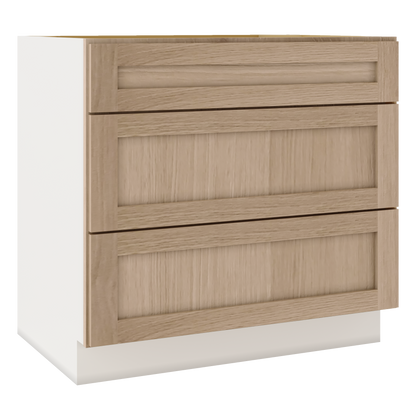 Natural Color 17ROS - Redondo White Oak Shaker 1-1/4" Overlay 3 Drawer Base Cabinet 12", 15", 18", 21", 24", 30", 33" & 36" Wide