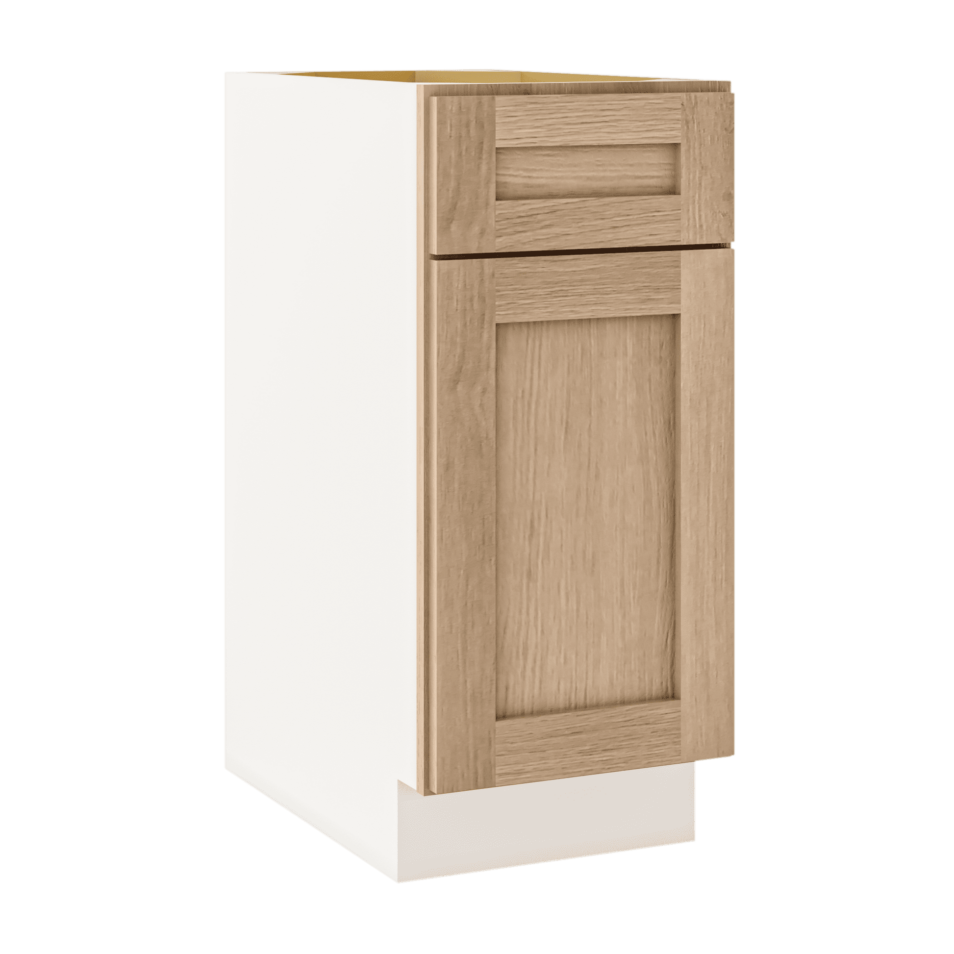 Natural white oak shaker 1-drawer 1-door base 12"–21" RTA kitchen cabinet – angle view