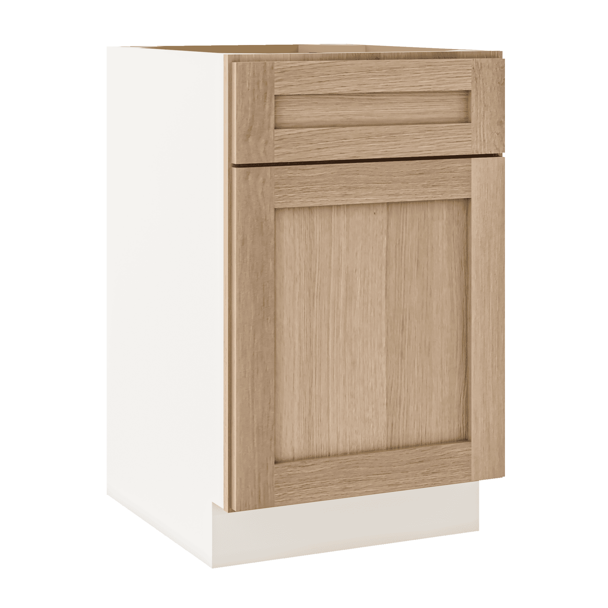 Natural white oak shaker 1-drawer 1-door base 12"–21" RTA kitchen cabinet – dimension diagram