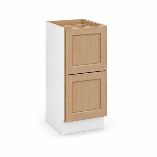 Rift Oak shaker 12-inch two-drawer base cabinet.