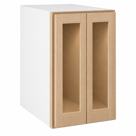 Rift 30" Tall 9″ to 21″ Widths, Single Door, Wall Cabinet Glass Ready — Rift Oak, bi-parting Shaker doors, no center stile; Glass Ready with matching finished interior; glass not included.