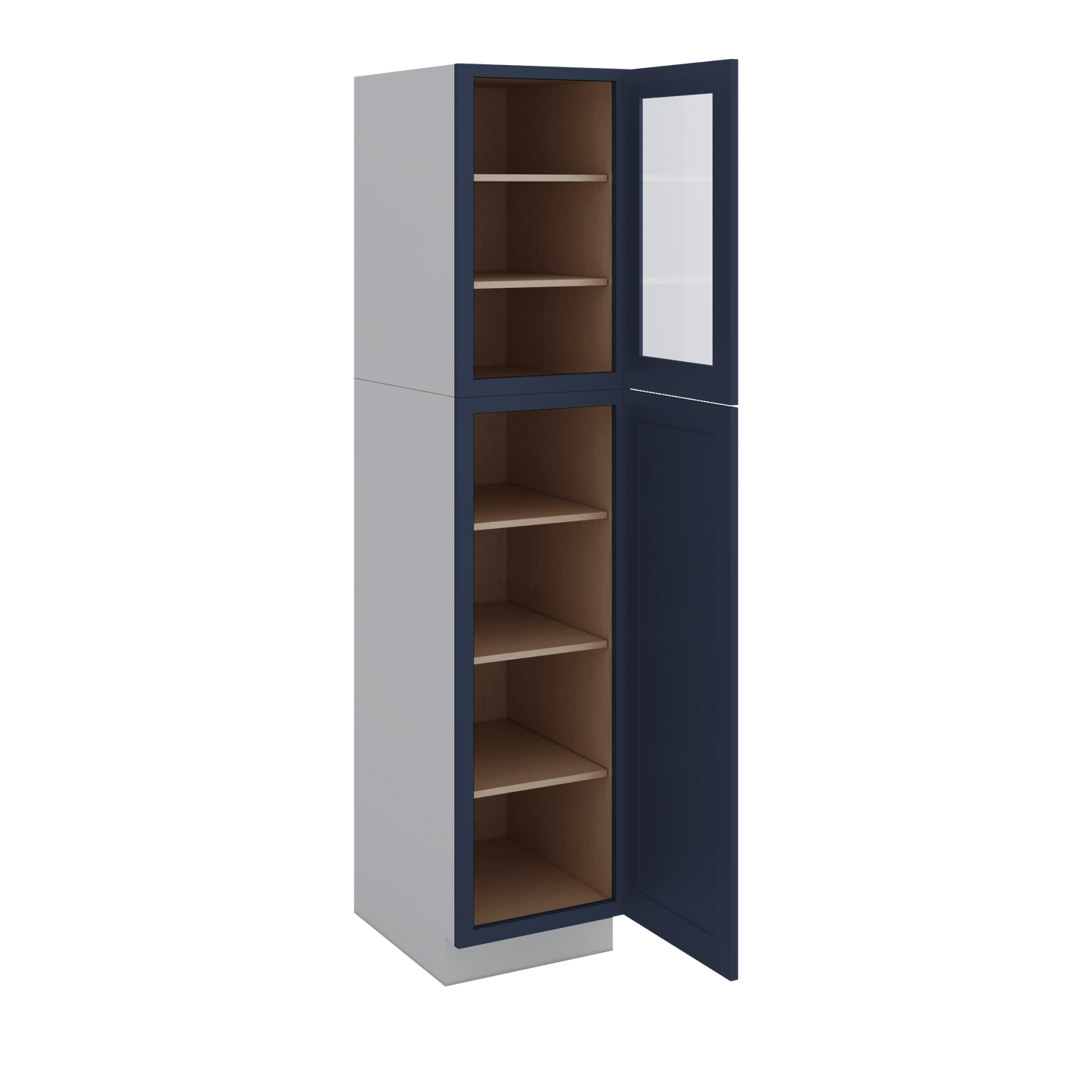 84" Tall Pantry NB29 Naval Blue Shaker 1-1/4" Overlay Glass Ready Cabinet Available 18", 24", 30"  & 36" Wide