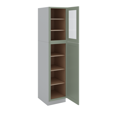 84" Tall Pantry 14SG Sage Green Shaker 1-1/4" Overlay Glass Cabinet Available 18", 24", 30"  & 36" Wide