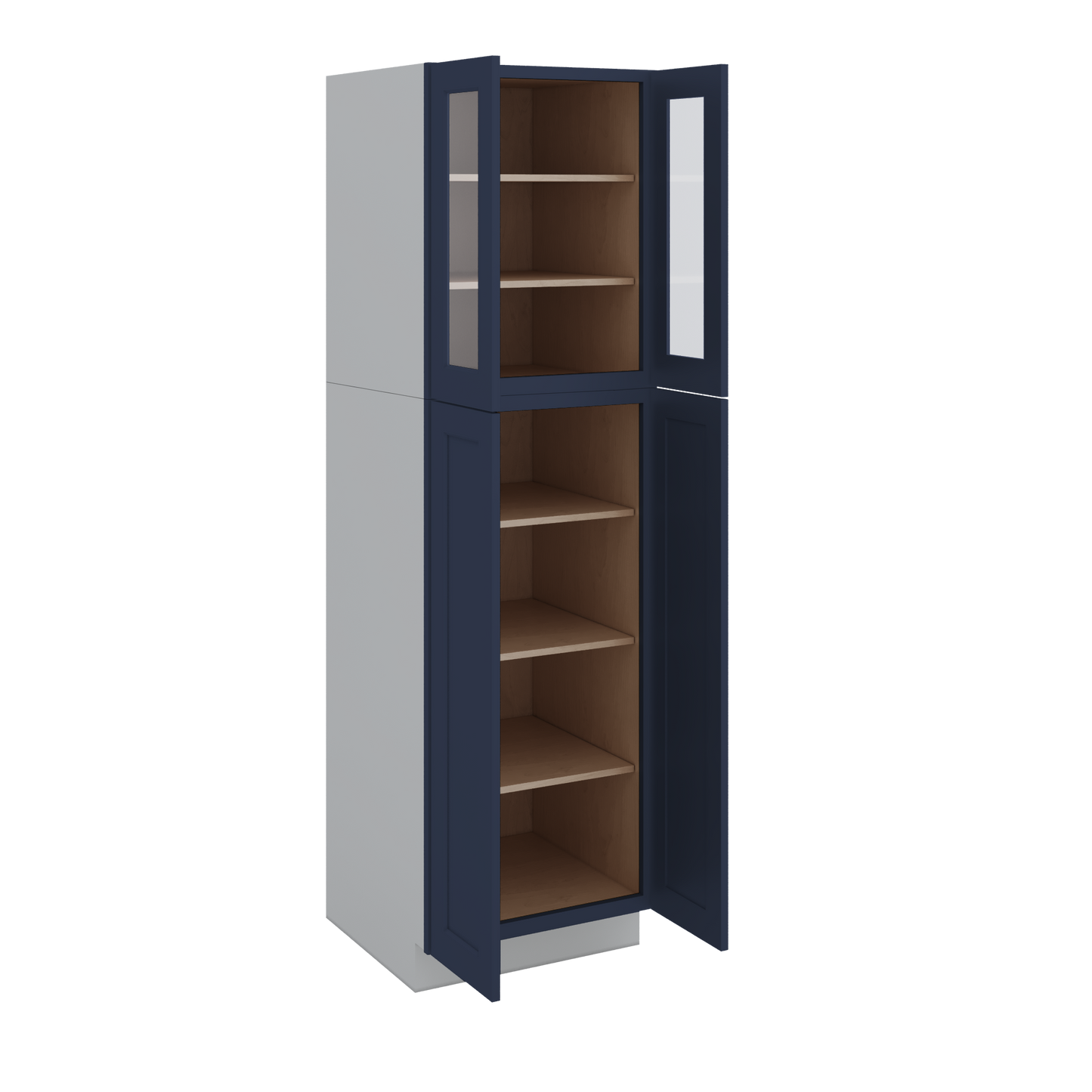 84" Tall Pantry NB29 Naval Blue Shaker 1-1/4" Overlay Glass Ready Cabinet Available 18", 24", 30"  & 36" Wide
