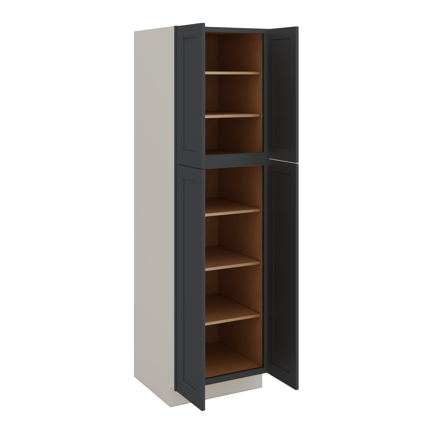 84" Tall Pantry 15HNS Hermosa Noir Black Shaker 1-1/4" Overlay Cabinet Available 18", 24", 30"  & 36" Wide