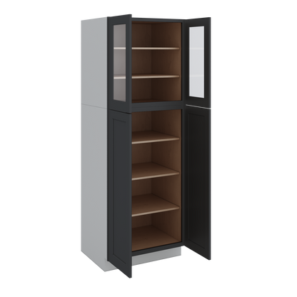 84" Tall Pantry 15HNS Hermosa Noir Black Shaker 1-1/4" Overlay Glass Ready Cabinet Available 18", 24", 30"  & 36" Wide