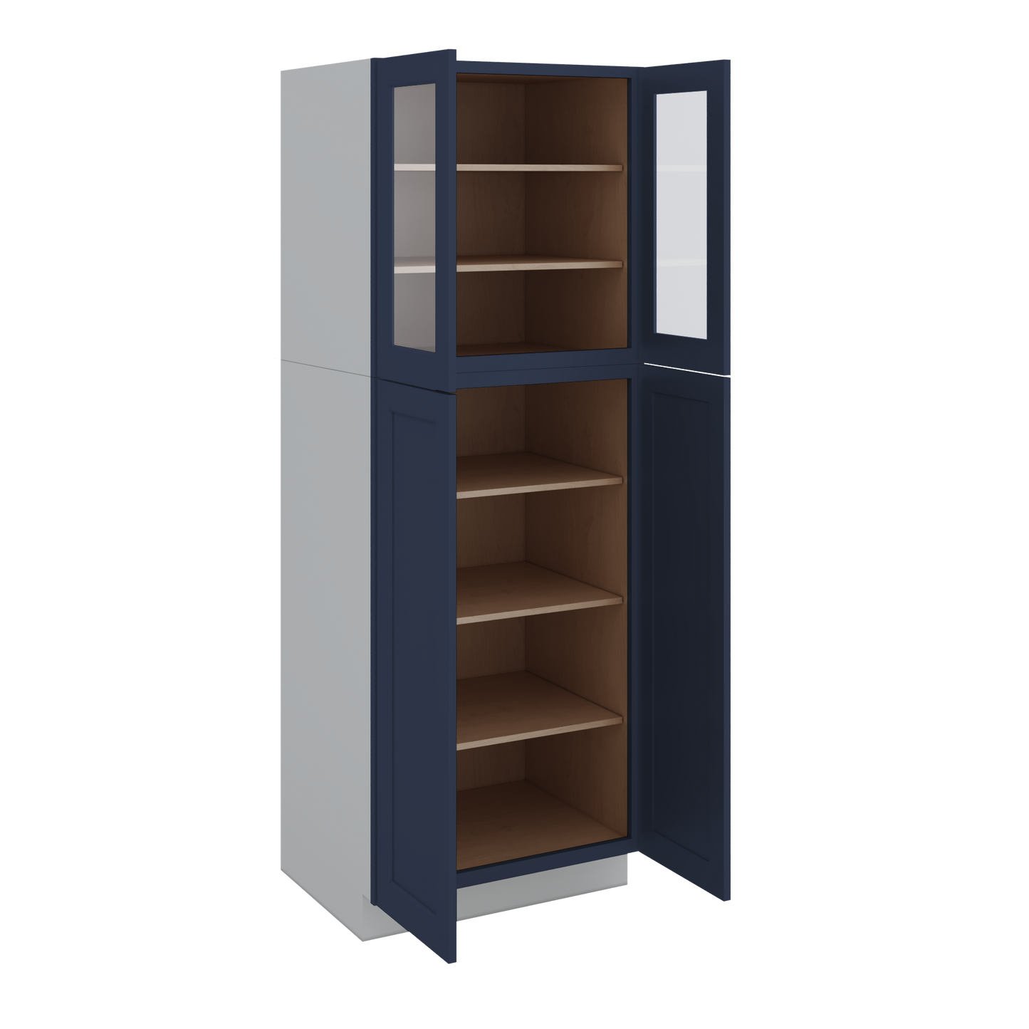 84" Tall Pantry NB29 Naval Blue Shaker 1-1/4" Overlay Glass Ready Cabinet Available 18", 24", 30"  & 36" Wide