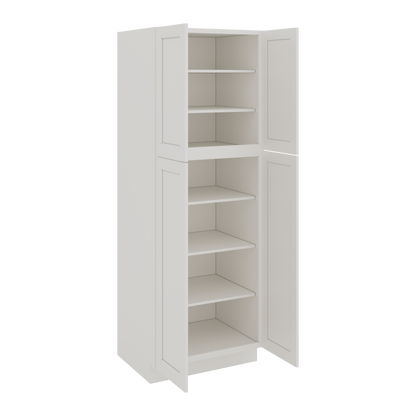 84" Tall Pantry ICE White Shaker 1-1/4" Overlay Cabinet Available 18", 24", 30"  & 36" Wide CWS/CWB