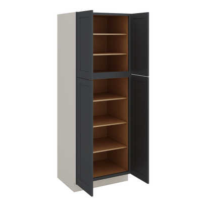 84" Tall Pantry 15HNS Hermosa Noir Black Shaker 1-1/4" Overlay Cabinet Available 18", 24", 30"  & 36" Wide