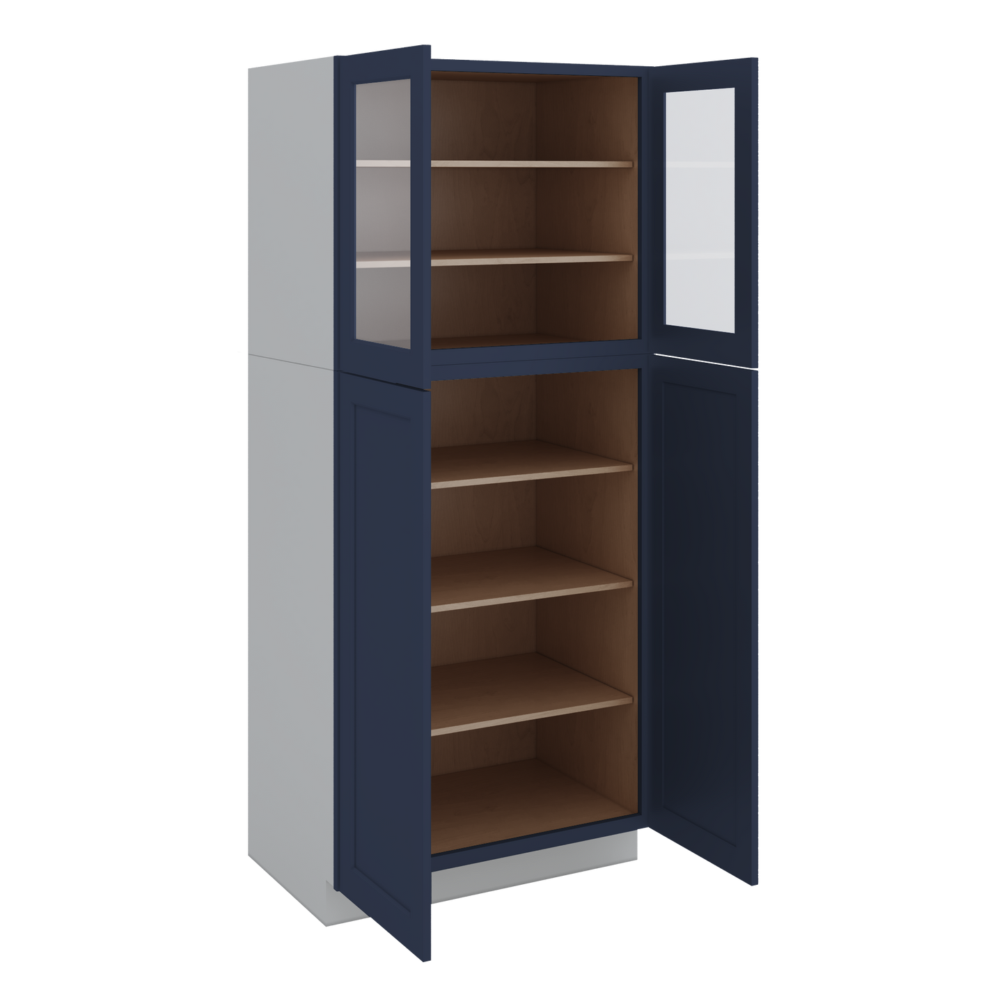 84" Tall Pantry NB29 Naval Blue Shaker 1-1/4" Overlay Glass Ready Cabinet Available 18", 24", 30"  & 36" Wide