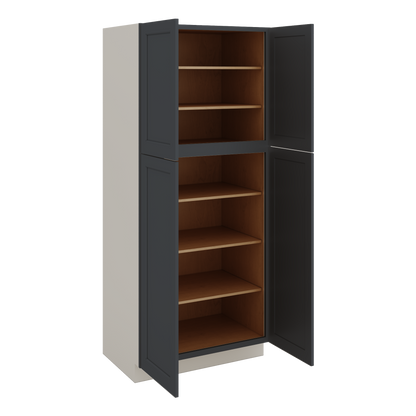 84" Tall Pantry 15HNS Hermosa Noir Black Shaker 1-1/4" Overlay Cabinet Available 18", 24", 30"  & 36" Wide