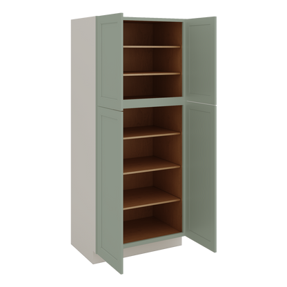 84" Tall Pantry Green Shaker 1-1/4" Overlay Cabinet Available 18", 24", 30"  & 36" Wide