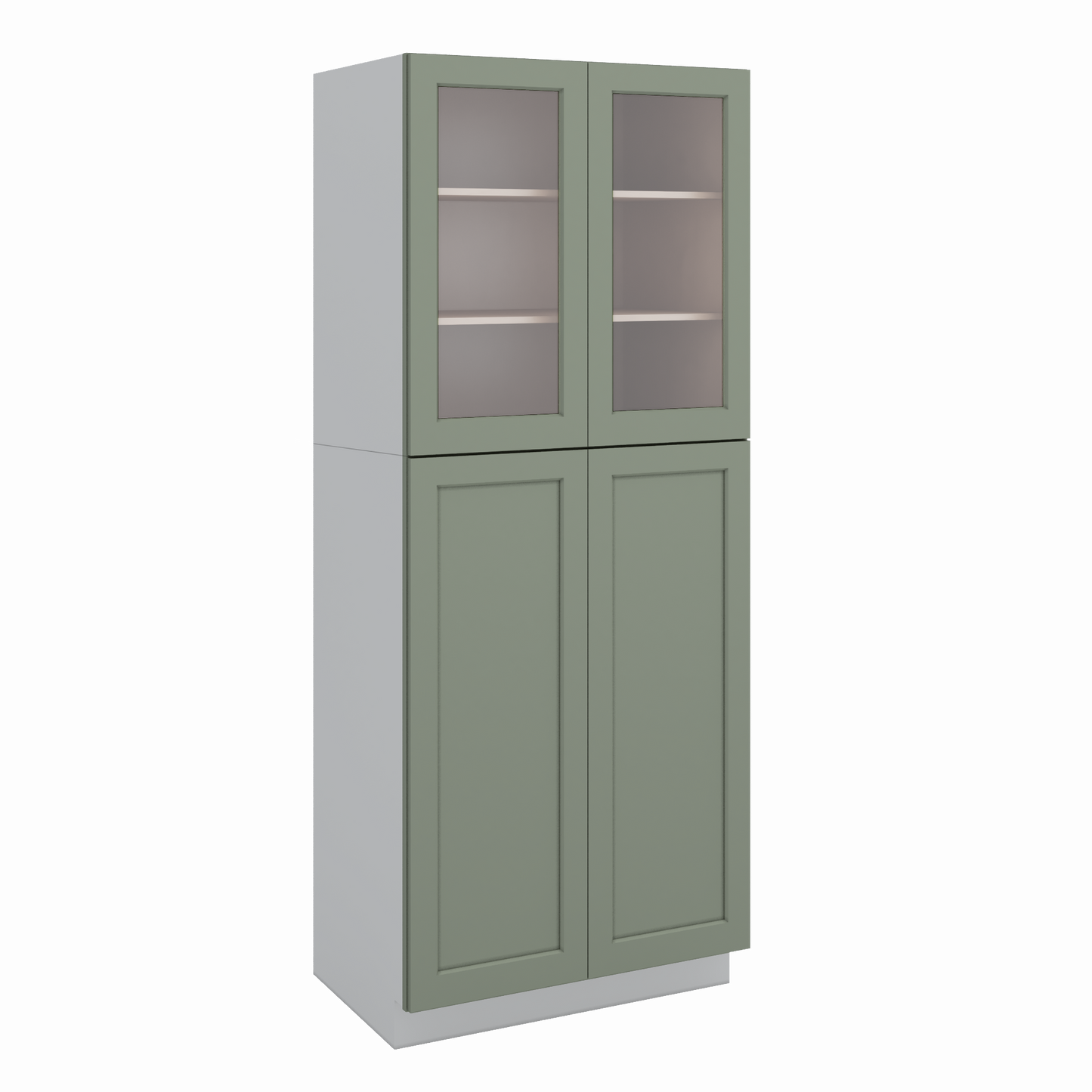 Sage Green 30" Wide Kitchen Pantry Linen Cabinets 90" Tall Shaker Glass Ready Two Doors