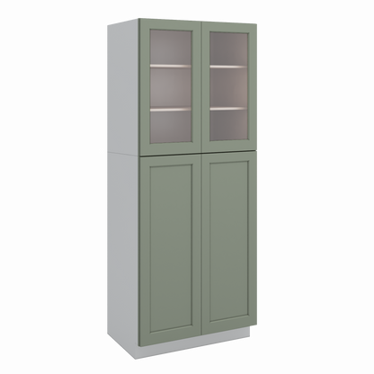 Sage Green 30" Wide Kitchen Pantry Linen Cabinets 90" Tall Shaker Glass Ready Two Doors