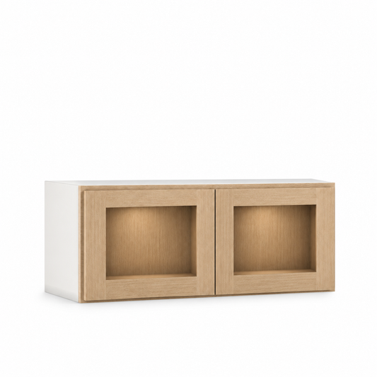 Rift 39" Tall Glass Ready Wall Cabinet - Double Door 24", 27", 30", 33" & 36" Wide — Rift Oak, bi-parting Shaker doors, no center stile; Glass Ready with matching finished interior; glass not included.