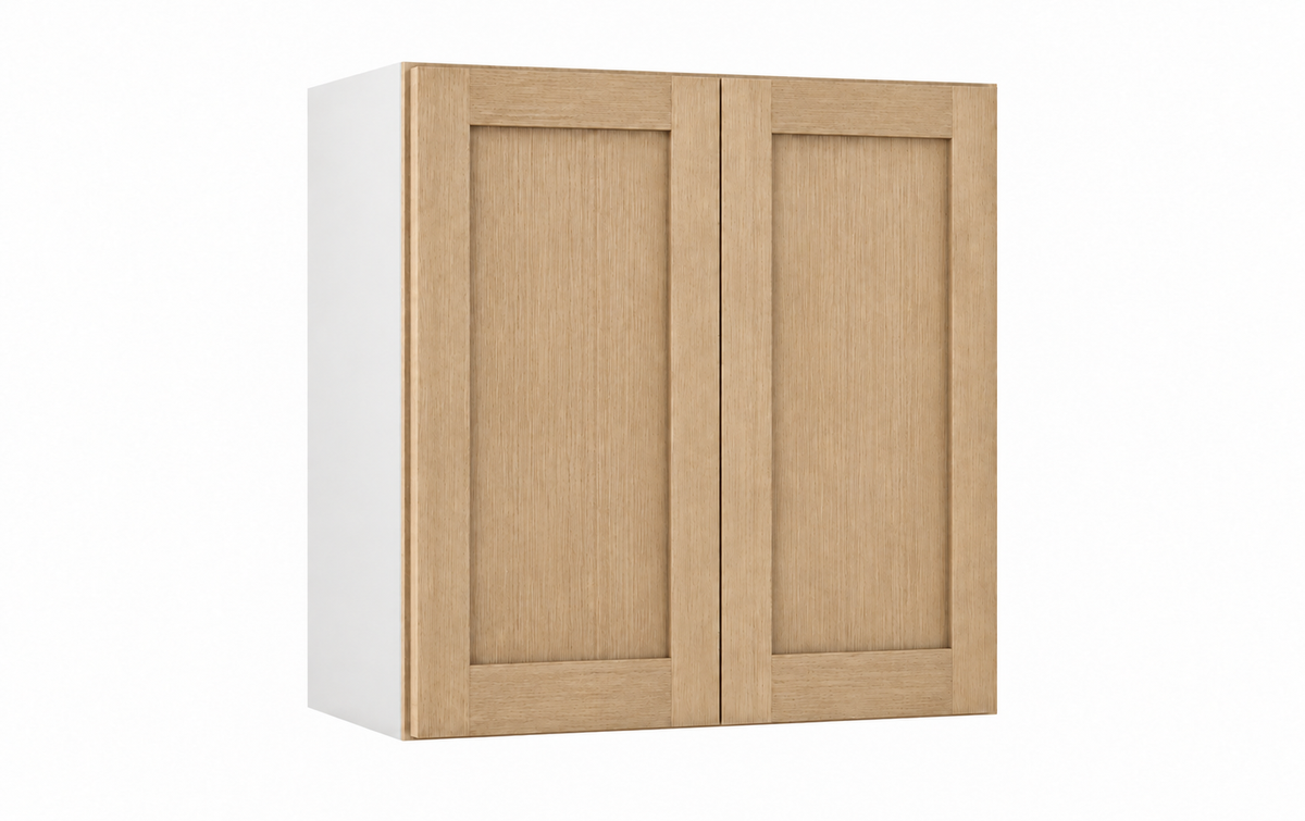 Rift Oak 30-inch-wide two-door stacker wall cabinet, 33 inches tall, with one panel in each door.