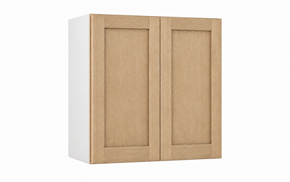 Rift Oak 30-inch-wide two-door stacker wall cabinet, 33 inches tall, with one panel in each door.