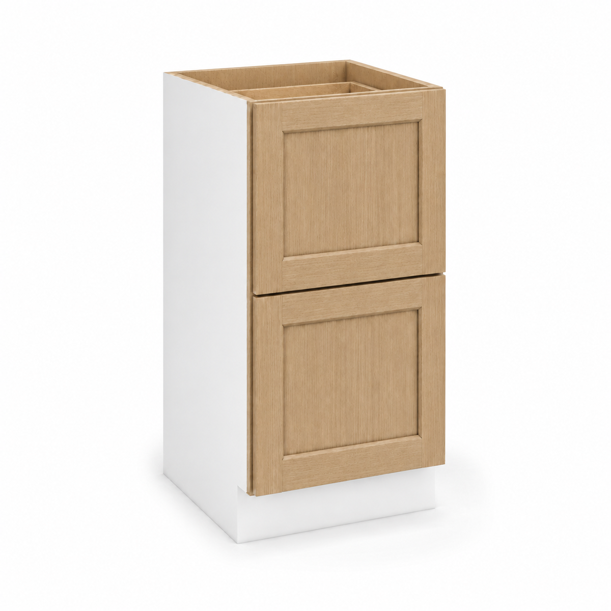 Rift Oak shaker 18-inch two-drawer base cabinet.