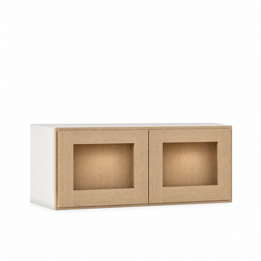 Rift 48" Tall Glass Ready Wall Cabinet - Double Door 24", 27", 30", 33" & 36" — Rift Oak, bi-parting Shaker doors, no center stile; Glass Ready with matching finished interior; glass not included.