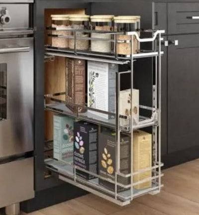 Kitchen pull-out storage rack with various food boxes and containers. BPO8PC