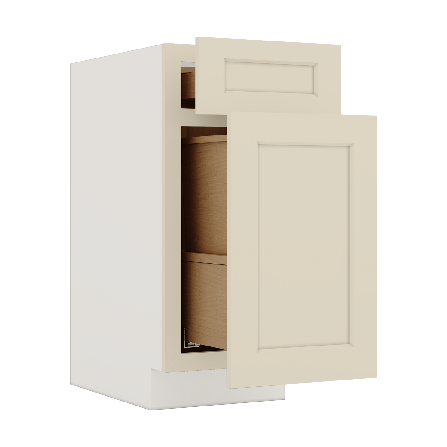 Trash Can Pull Out Base Cabinet Manhattan Cream Shaker 1-1/4" Overlay 15" and 18" Wide